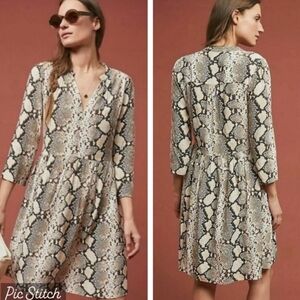 Anthropologie Maeve Juno Snakeskin Print 3/4 Sleeve Babydoll Dress M Novelty
